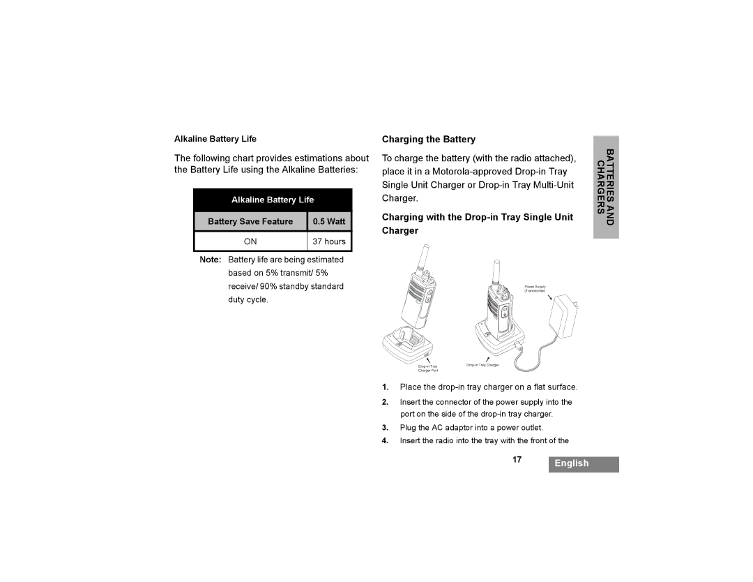 Motorola XTNI manual Charging the Battery, Charging with the Drop-in Tray Single Unit Charger 