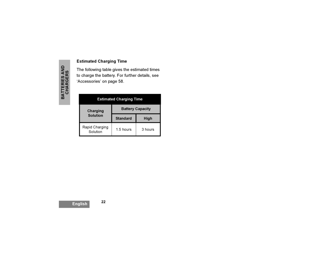 Motorola XTNI manual Estimated Charging Time 