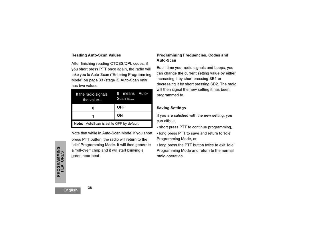 Motorola XTNI manual Reading Auto-Scan Values, Programming Frequencies, Codes and Auto-Scan, Saving Settings 