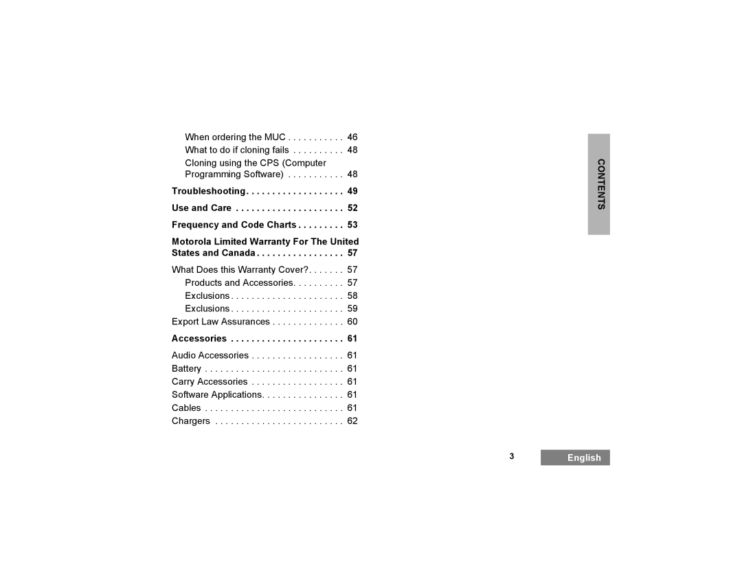 Motorola XTNI manual Accessories, Contents 