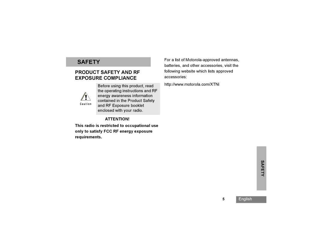 Motorola XTNI manual Safety 