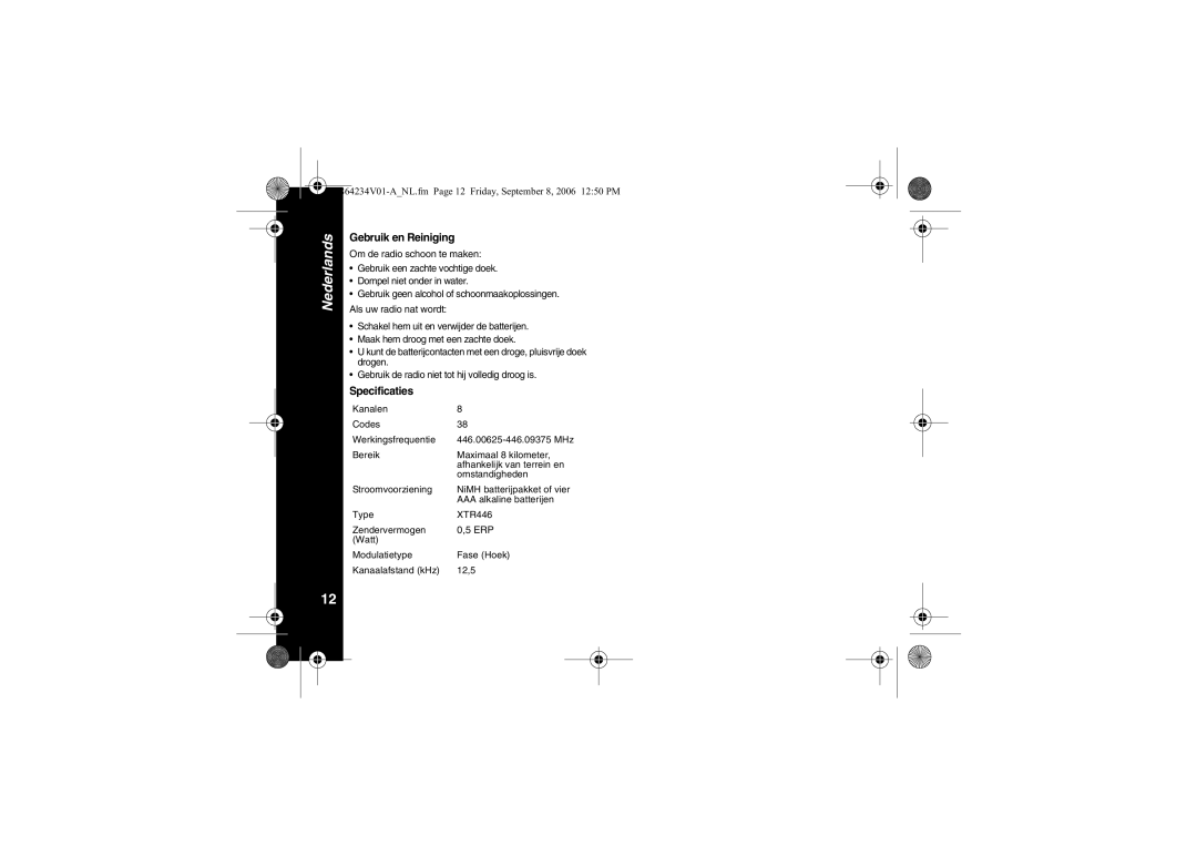 Motorola XTR446 specifications Gebruik en Reiniging, Specificaties, Kanaalafstand kHz 12,5 