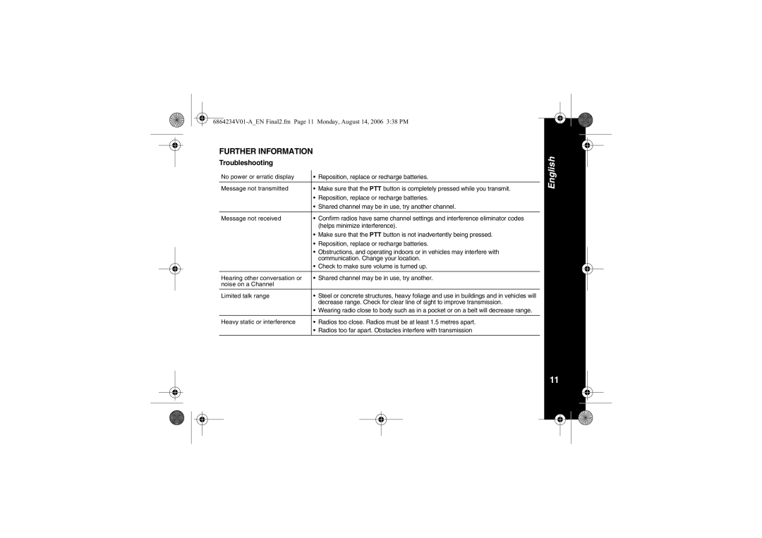 Motorola XTR446 specifications Further Information, Troubleshooting 