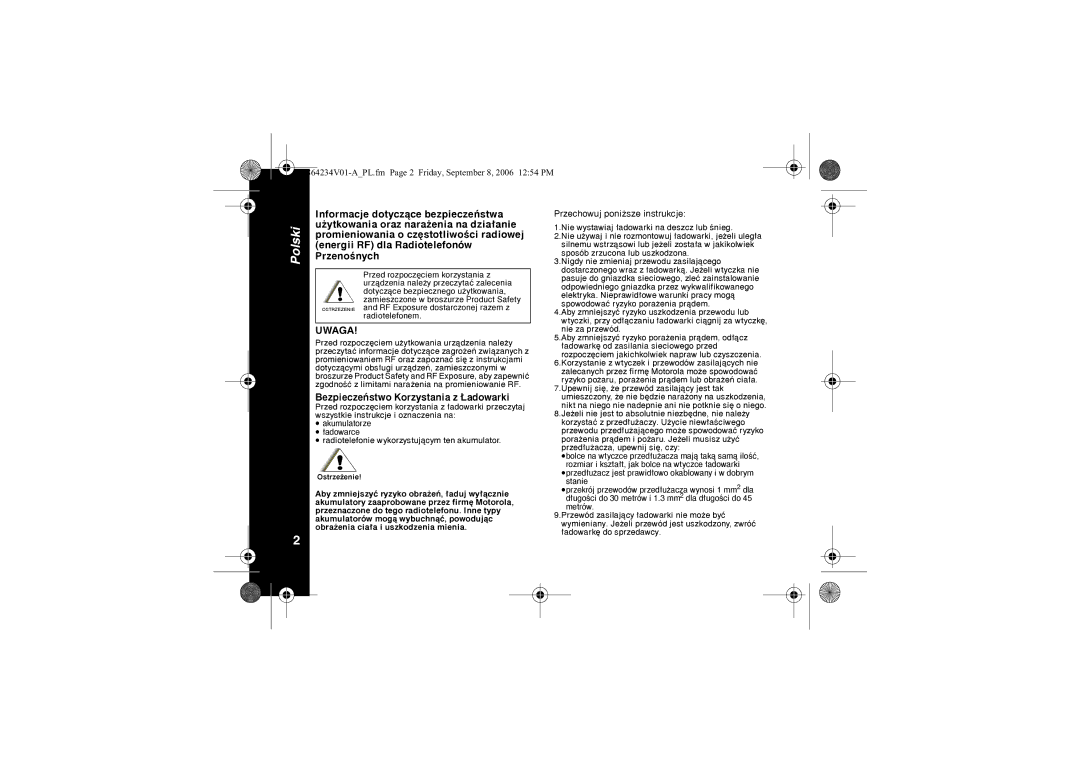 Motorola XTR446 specifications Bezpieczeñstwo Korzystania z £adowarki, Radiotelefonie wykorzystuj¹cym ten akumulator 