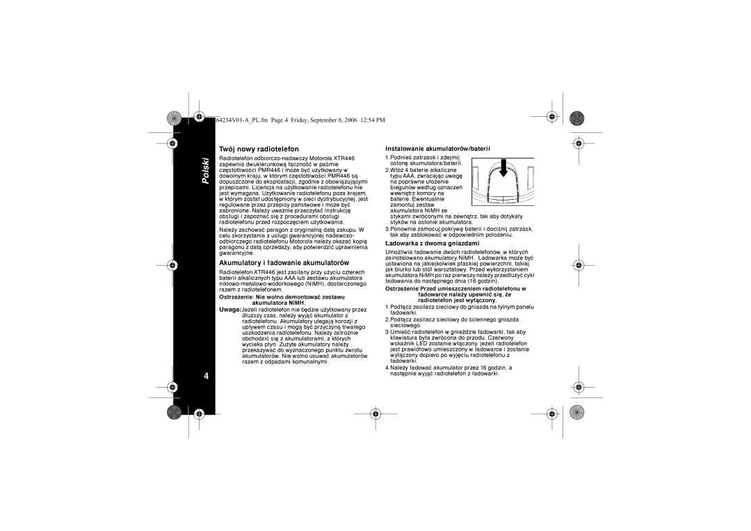 Motorola XTR446 specifications Twój nowy radiotelefon, Akumulatory i ³adowanie akumulatorów, £adowarka z dwoma gniazdami 