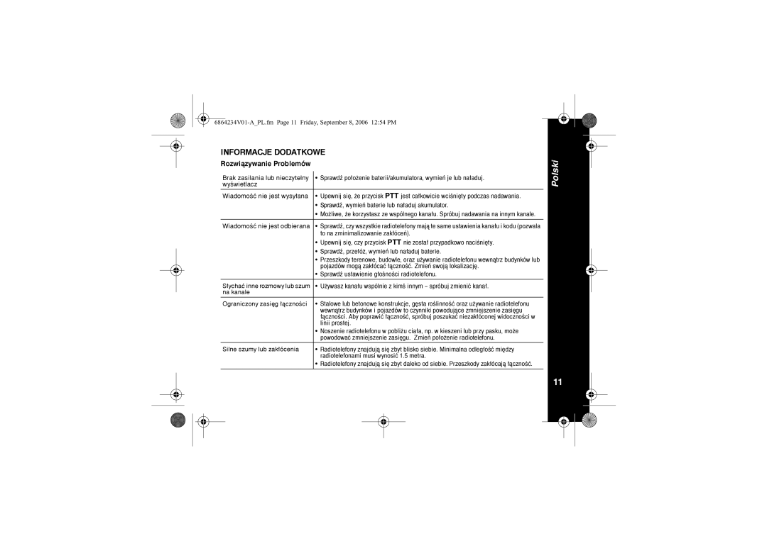 Motorola XTR446 specifications Rozwi¹zywanie Problemów 