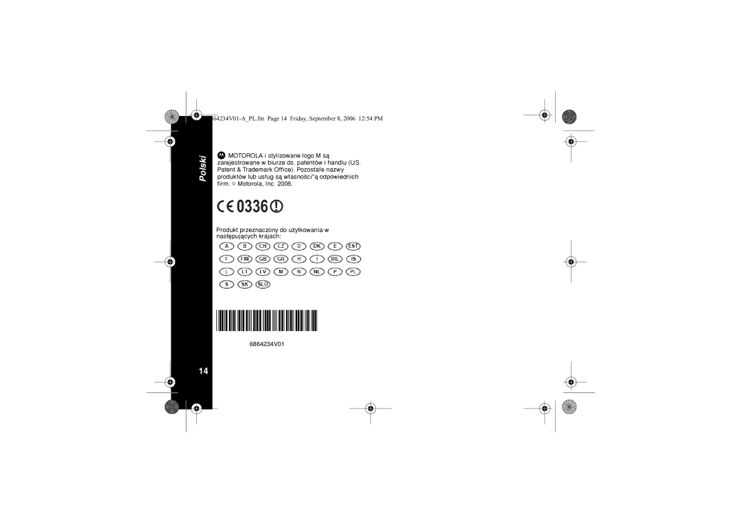 Motorola XTR446 specifications Produkt przeznaczony do u¿ytkowania w nastêpuj¹cych krajach, 6864234V01 