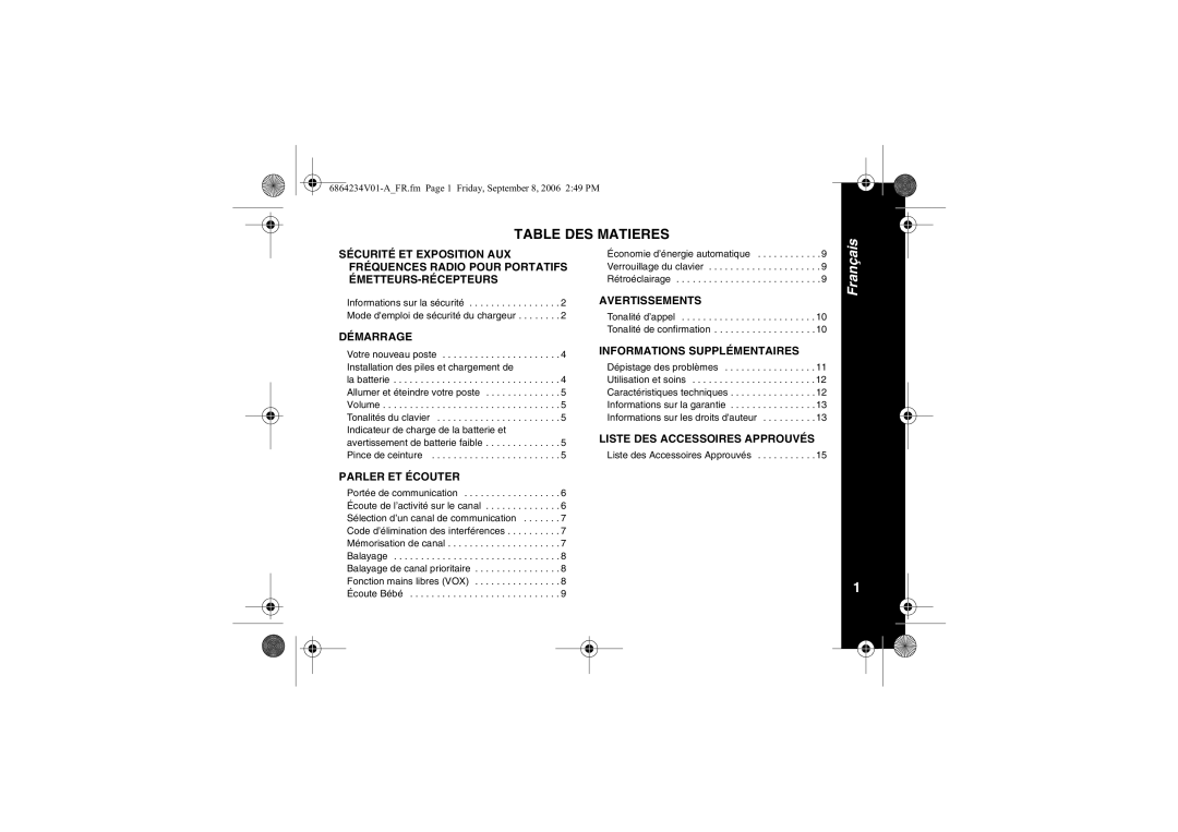 Motorola XTR446 specifications Installation des piles et chargement de, Indicateur de charge de la batterie et 