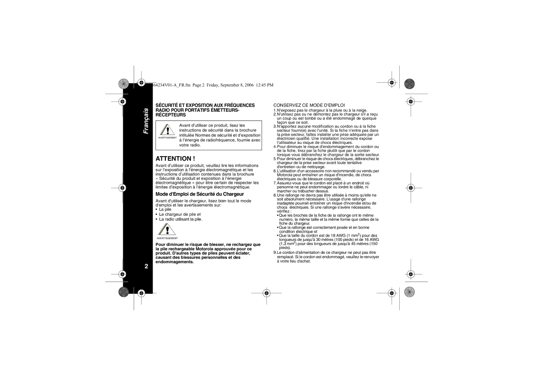 Motorola XTR446 specifications Mode dEmploi de Sécurité du Chargeur, Avant d’utiliser ce produit, lisez les 