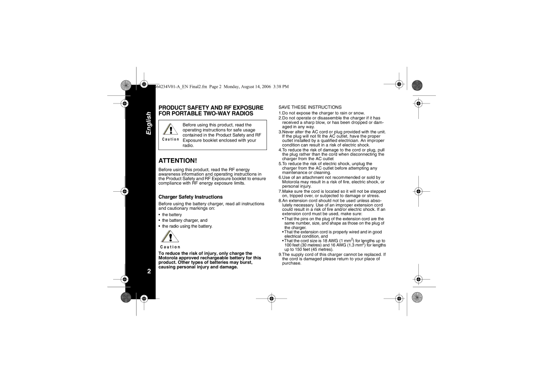 Motorola XTR446 specifications Product Safety and RF Exposure for Portable TWO-WAY Radios, Charger Safety Instructions 