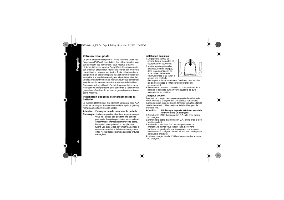 Motorola XTR446 specifications Votre nouveau poste, Installation des piles et chargement de la batterie, Chargeur double 