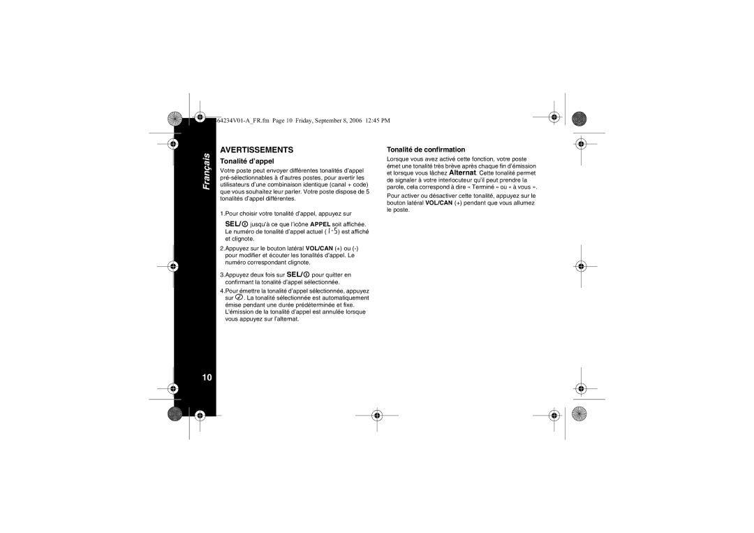 Motorola XTR446 specifications Avertissements, Tonalité d’appel, Tonalité de confirmation 