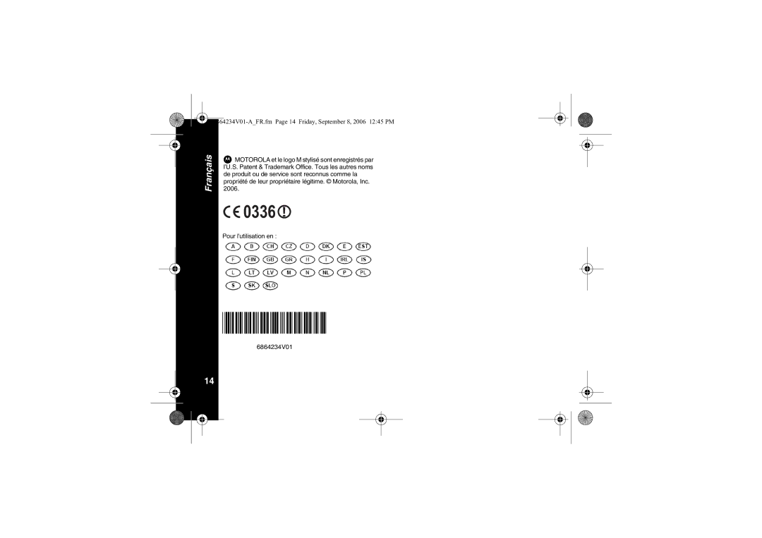 Motorola XTR446 specifications Pour lutilisation en, 6864234V01 