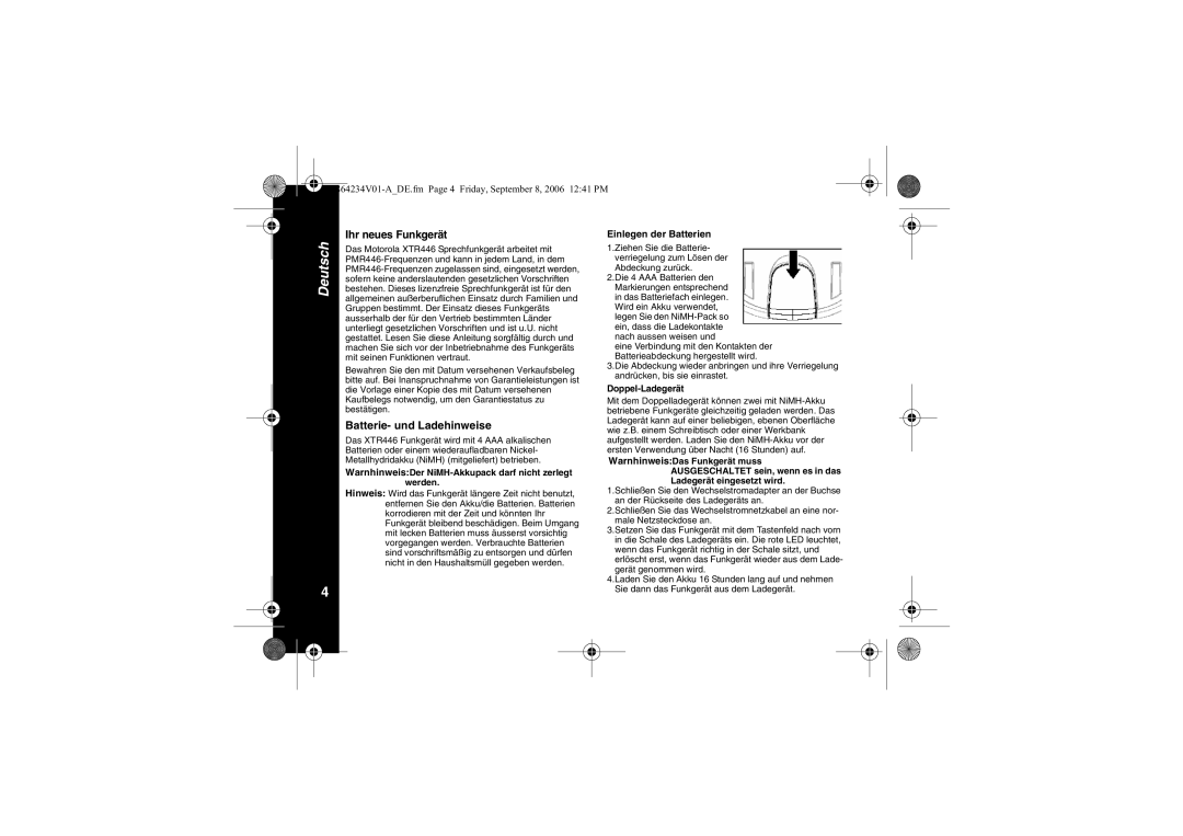 Motorola XTR446 Batterie- und Ladehinweise, Ihr neues Funkgerät, WarnhinweisDer NiMH-Akkupack darf nicht zerlegt werden 