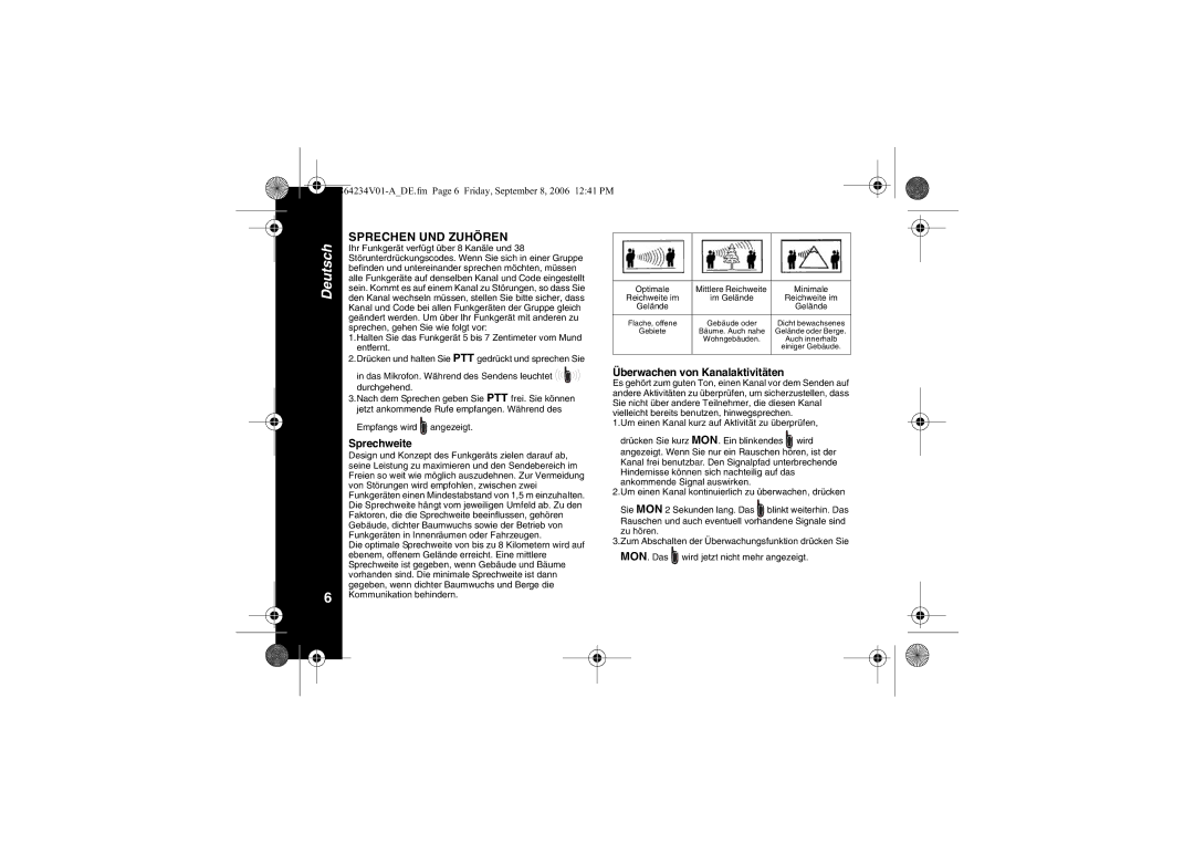 Motorola XTR446 specifications Sprechweite, Überwachen von Kanalaktivitäten 