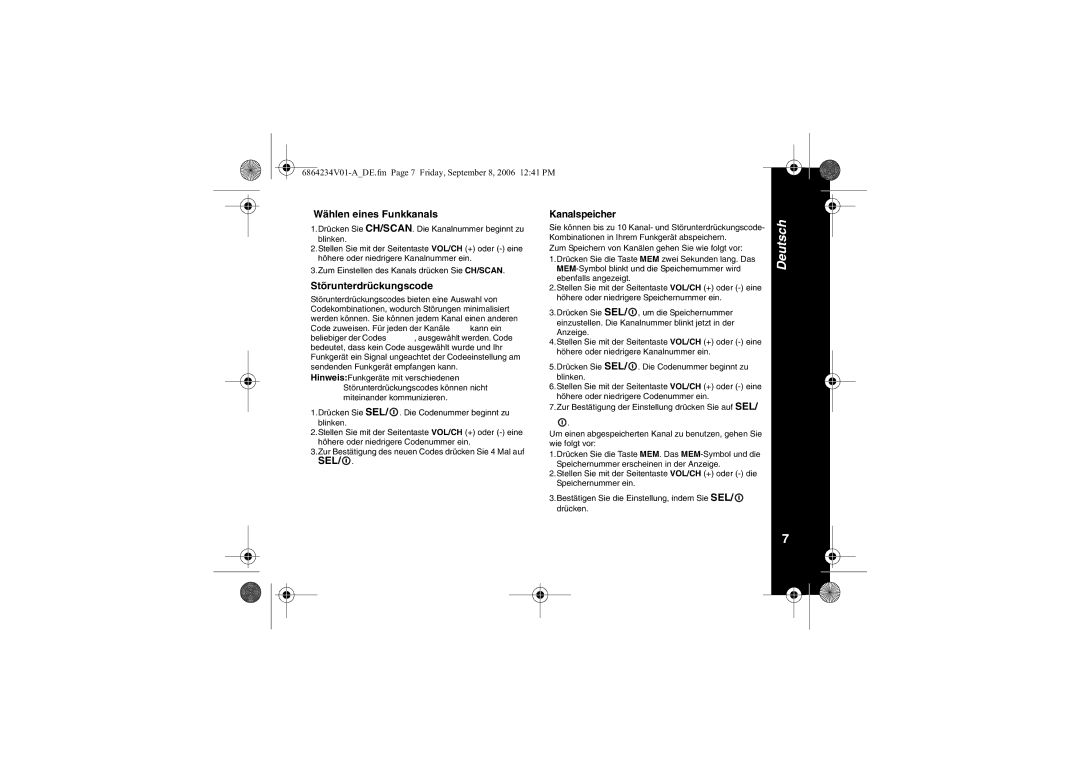 Motorola XTR446 specifications Wählen eines Funkkanals, Störunterdrückungscode, Kanalspeicher 