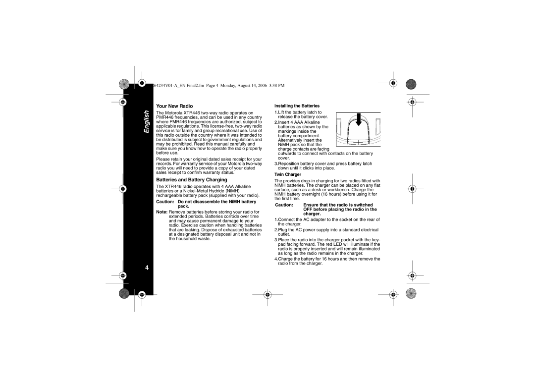 Motorola XTR446 specifications Your New Radio, Batteries and Battery Charging 