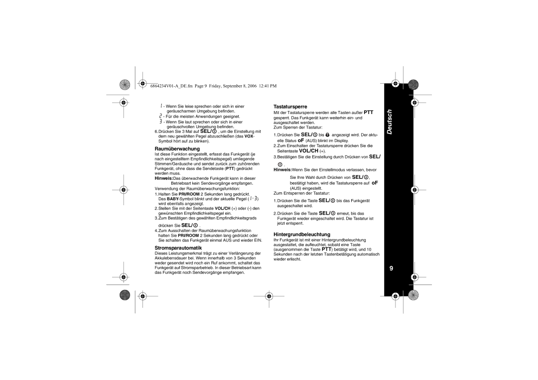 Motorola XTR446 specifications Raumüberwachung, Stromsparautomatik, Tastatursperre, Hintergrundbeleuchtung 