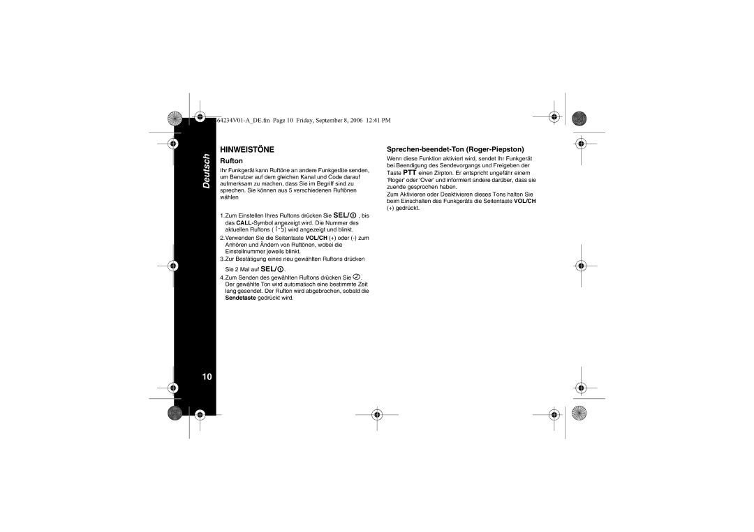 Motorola XTR446 specifications Hinweistöne, Rufton, Sprechen-beendet-Ton Roger-Piepston, + gedrückt 