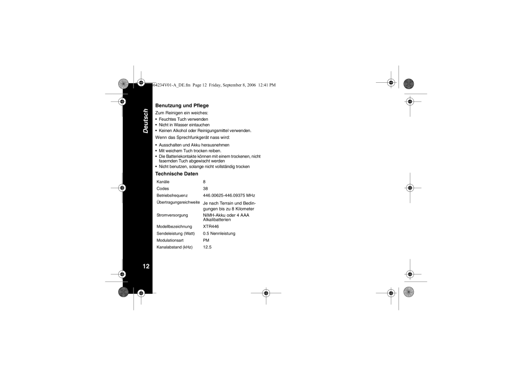 Motorola XTR446 Benutzung und Pflege, Technische Daten, Kanäle Codes Betriebsfrequenz 446.00625-446.09375 MHz 