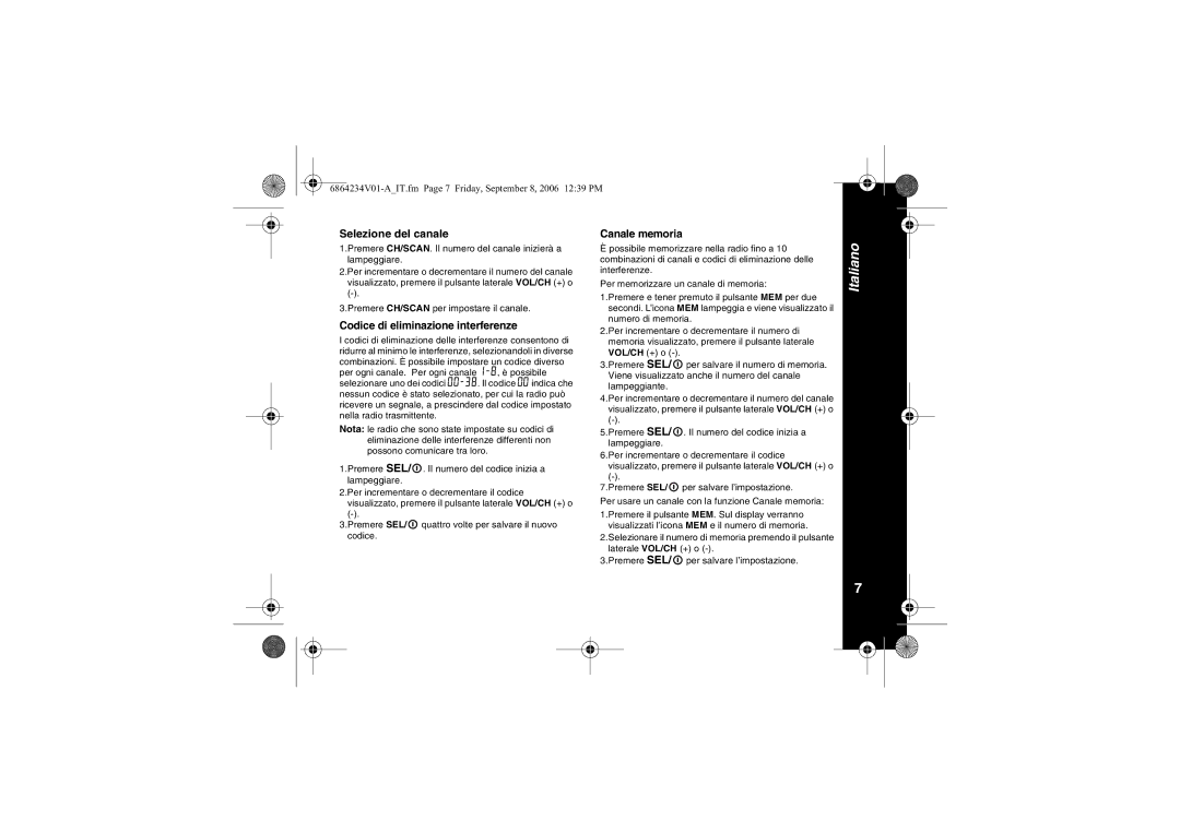 Motorola XTR446 specifications Selezione del canale, Codice di eliminazione interferenze, Canale memoria 