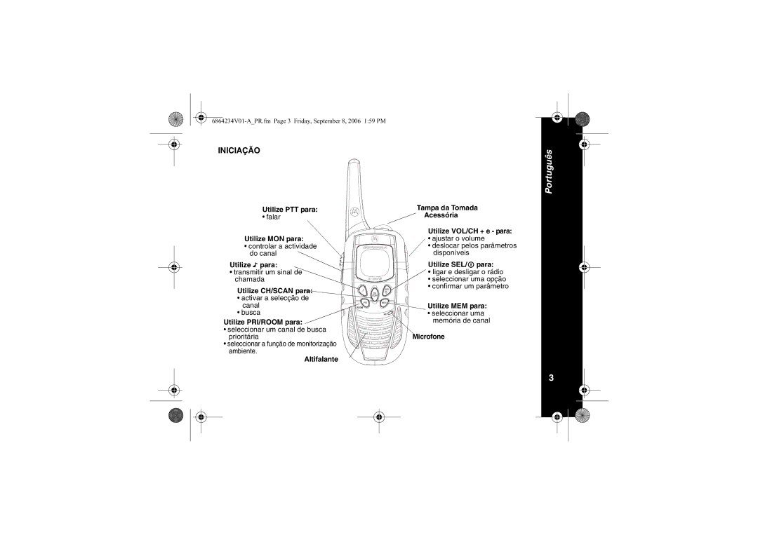 Motorola XTR446 Utilize PTT para, Falar Acessória Utilize MON para, Utilize para, Utilize CH/SCAN para, Utilize SEL/ para 