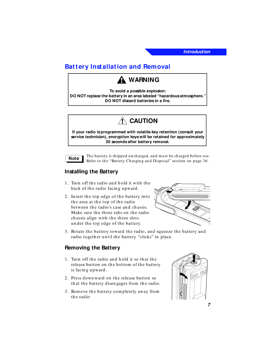 Motorola XTS 3000 manual Battery Installation and Removal, Installing the Battery, Removing the Battery 