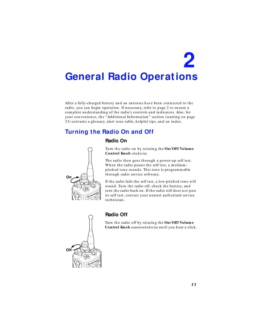 Motorola XTS 3000 manual Turning the Radio On and Off, Radio Off 