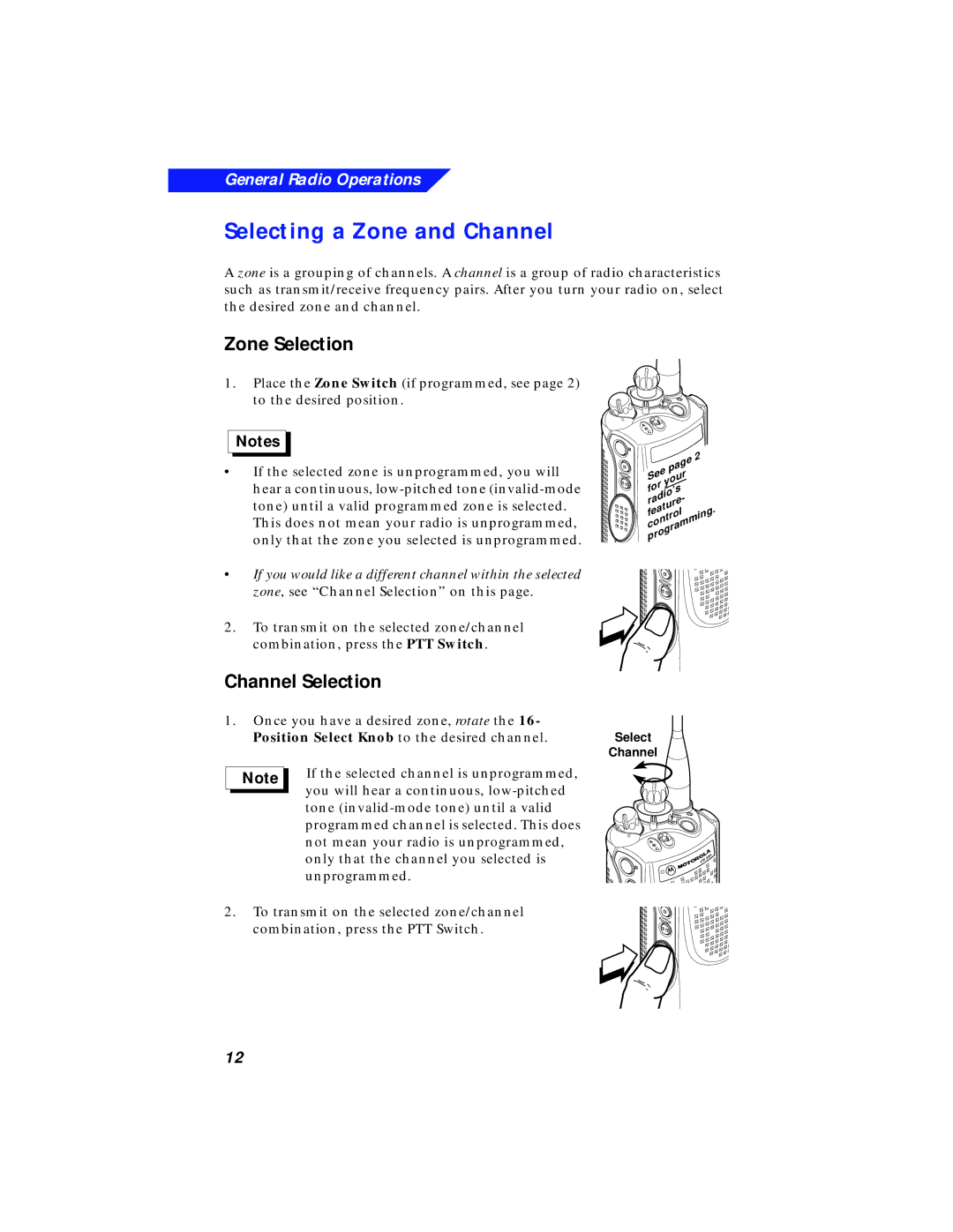 Motorola XTS 3000 manual Selecting a Zone and Channel, Zone Selection, Channel Selection 