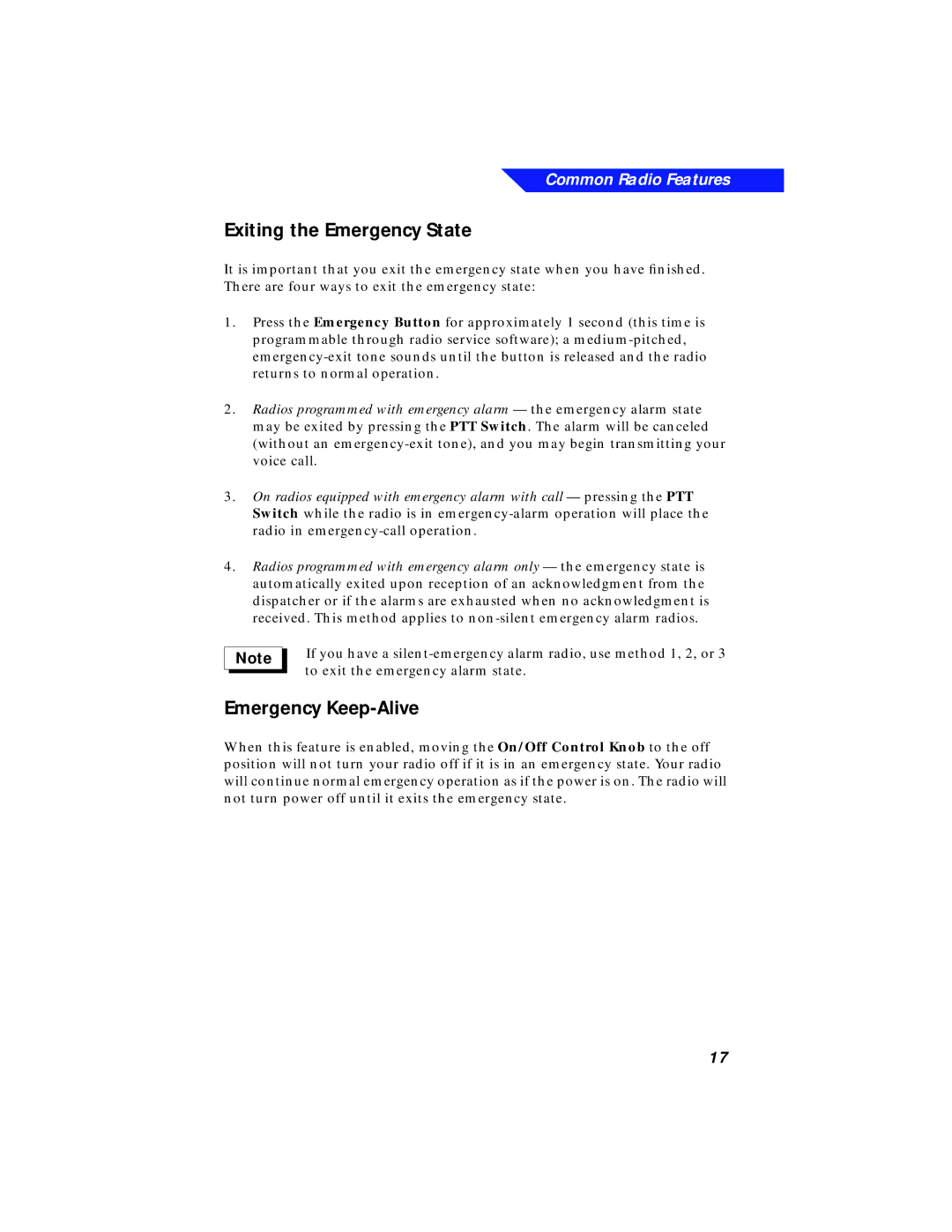 Motorola XTS 3000 manual Exiting the Emergency State, Emergency Keep-Alive 