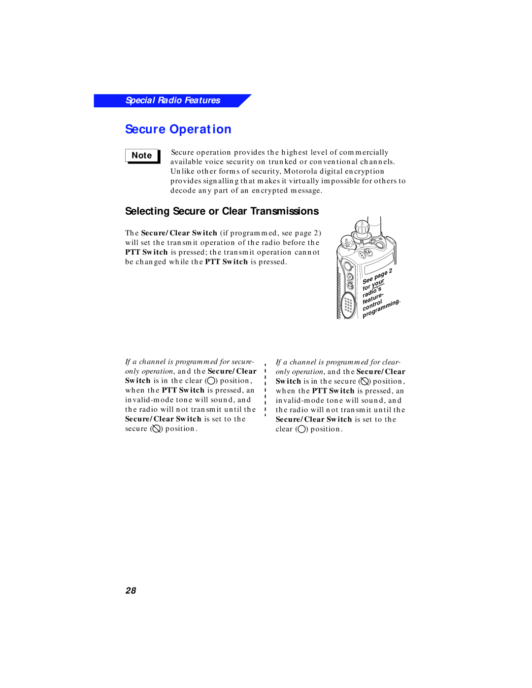 Motorola XTS 3000 manual Secure Operation, Selecting Secure or Clear Transmissions 