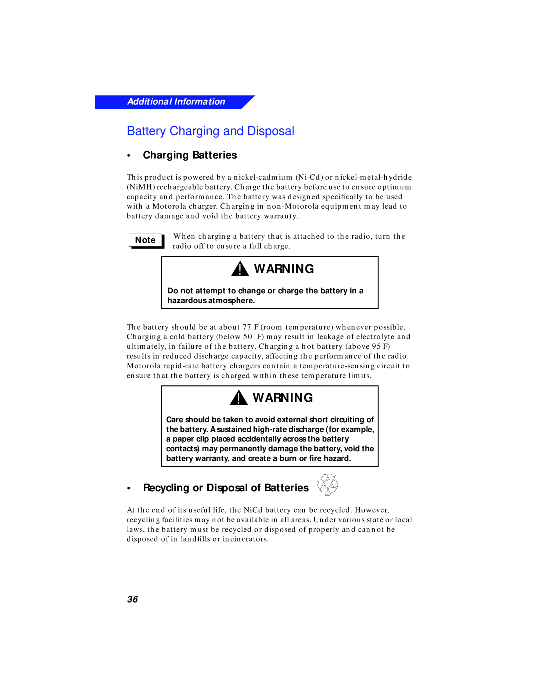 Motorola XTS 3000 manual Battery Charging and Disposal, Charging Batteries, Recycling or Disposal of Batteries 