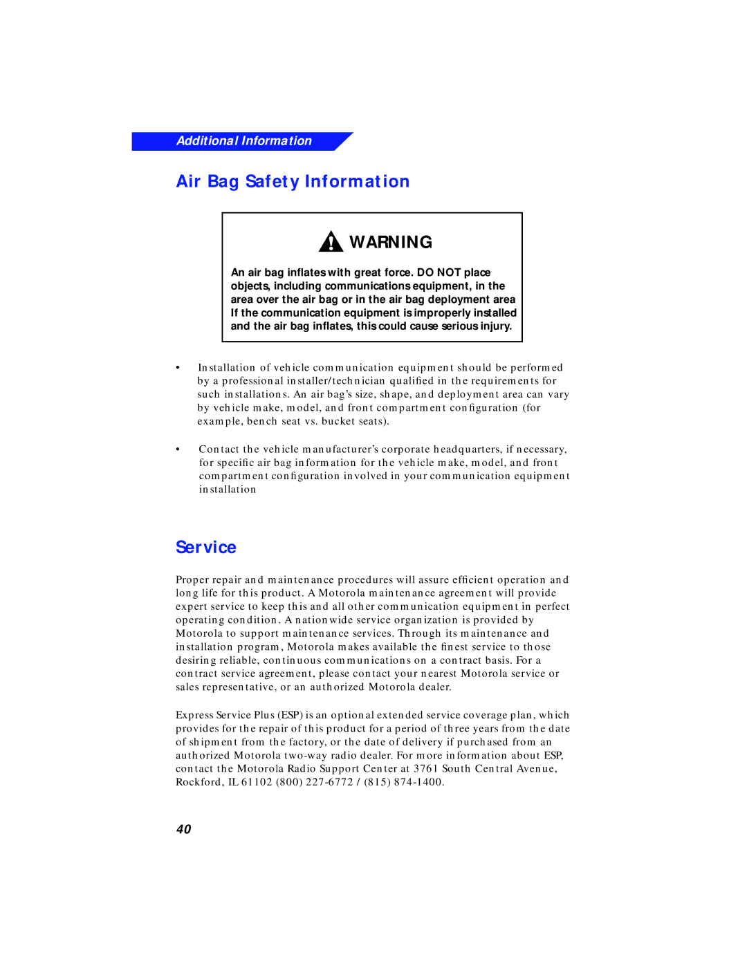 Motorola XTS 3000 manual Air Bag Safety Information, Service 