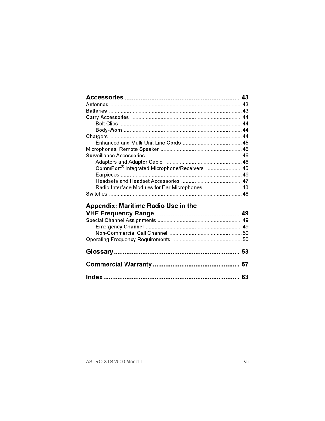 Motorola XTS2500 manual Accessories, Appendix Maritime Radio Use VHF Frequency Range, Glossary Commercial Warranty Index 