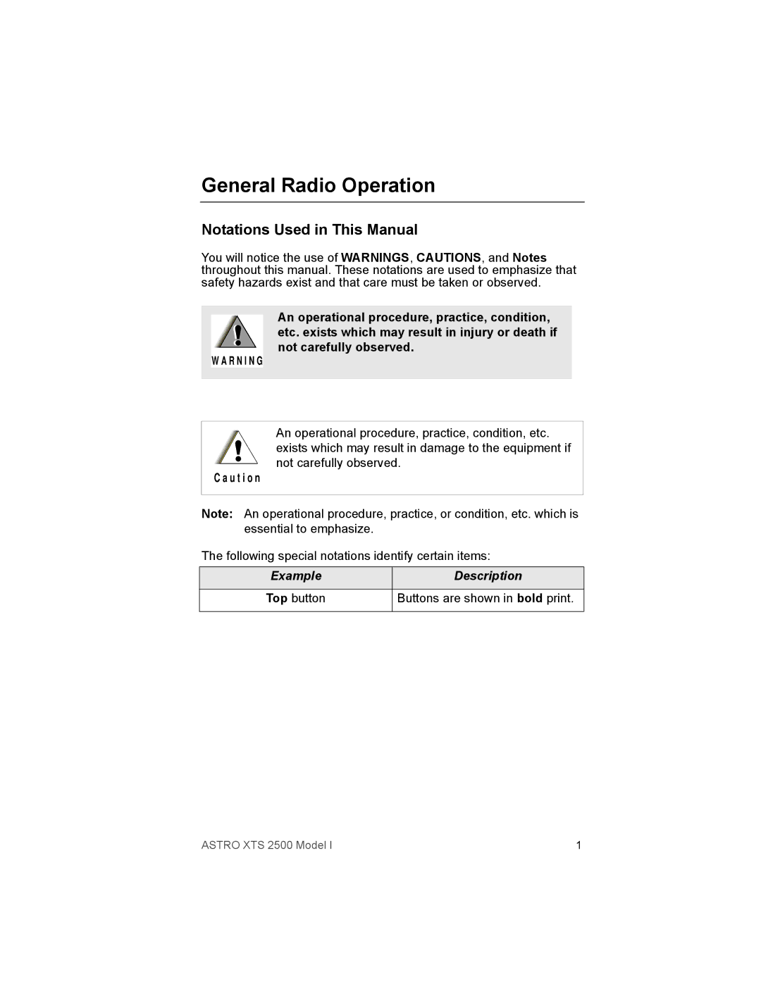 Motorola XTS2500 manual General Radio Operation, Notations Used in This Manual 