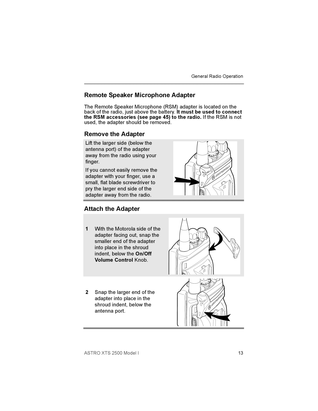 Motorola XTS2500 manual Remote Speaker Microphone Adapter, Remove the Adapter, Attach the Adapter 