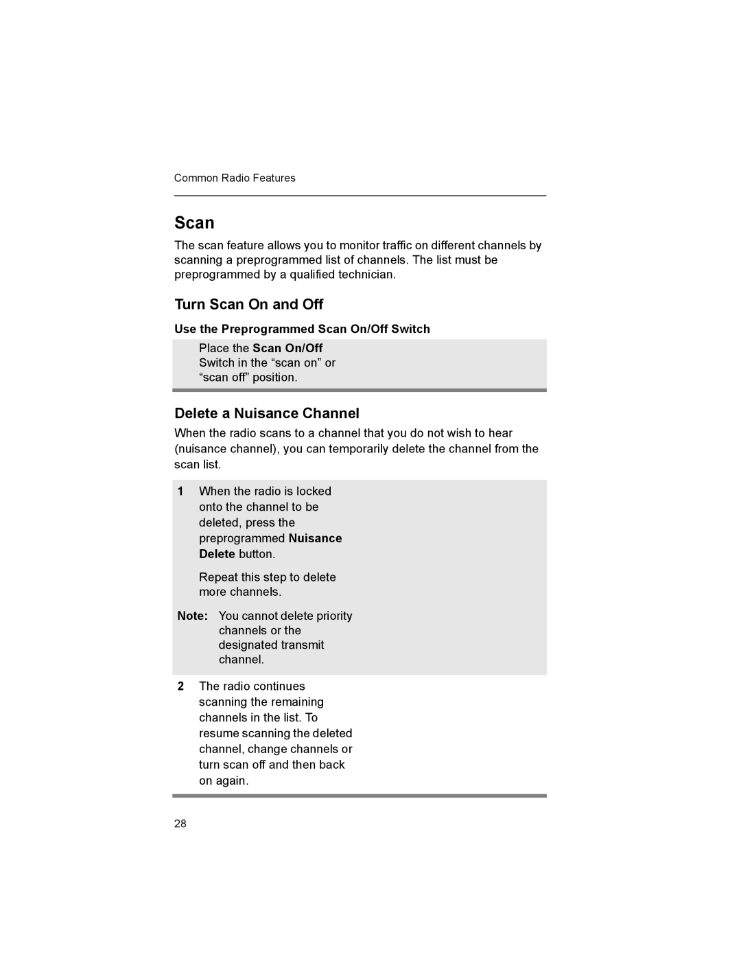 Motorola XTS2500 manual Turn Scan On and Off, Delete a Nuisance Channel 