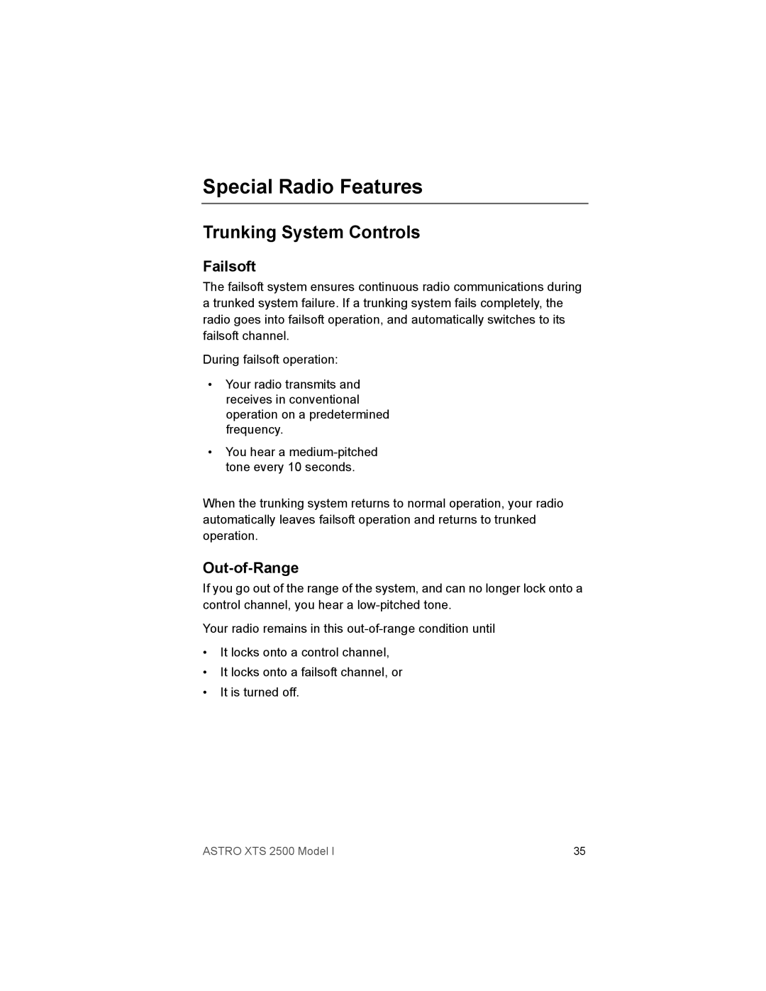 Motorola XTS2500 manual Special Radio Features, Trunking System Controls, Failsoft, Out-of-Range 