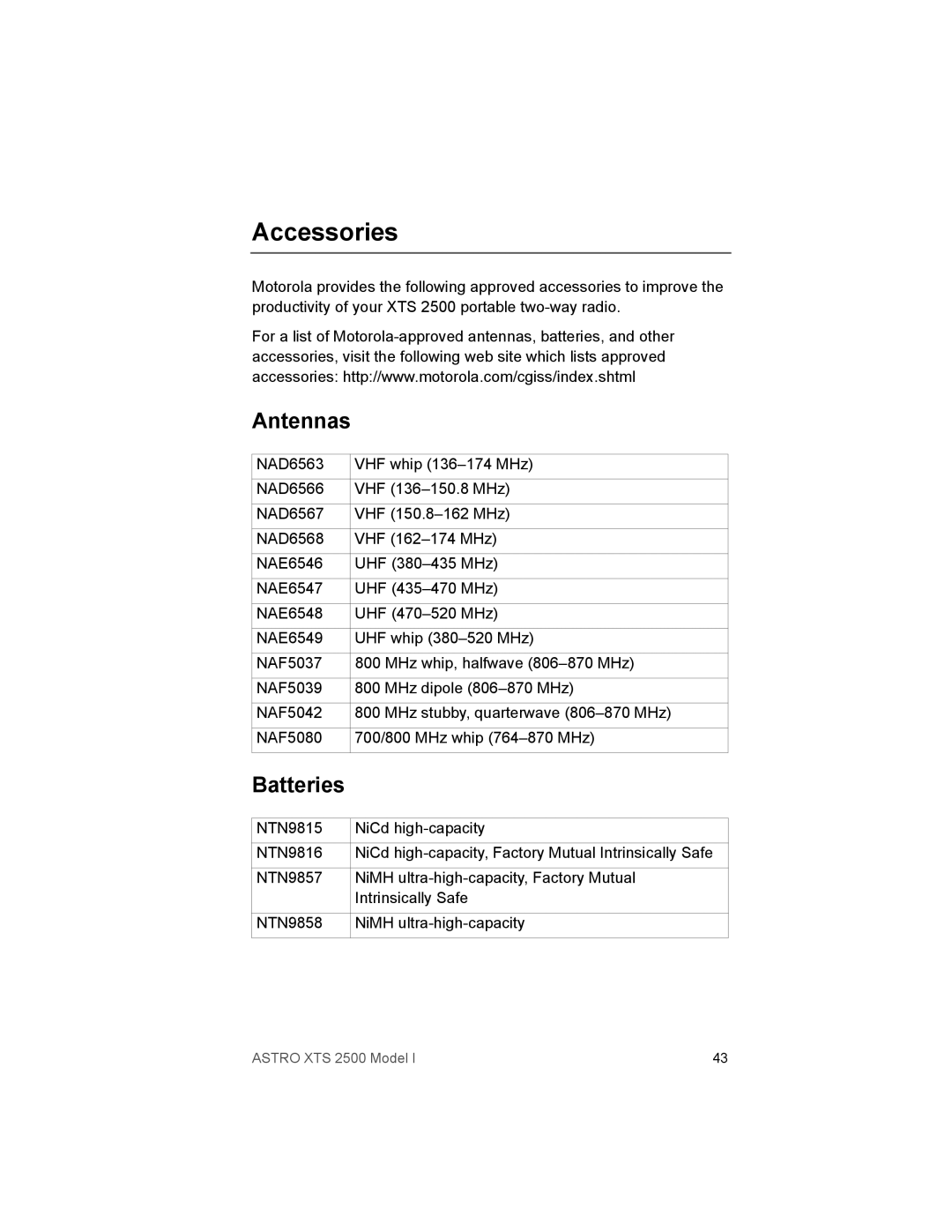 Motorola XTS2500 manual Accessories, Antennas, Batteries 