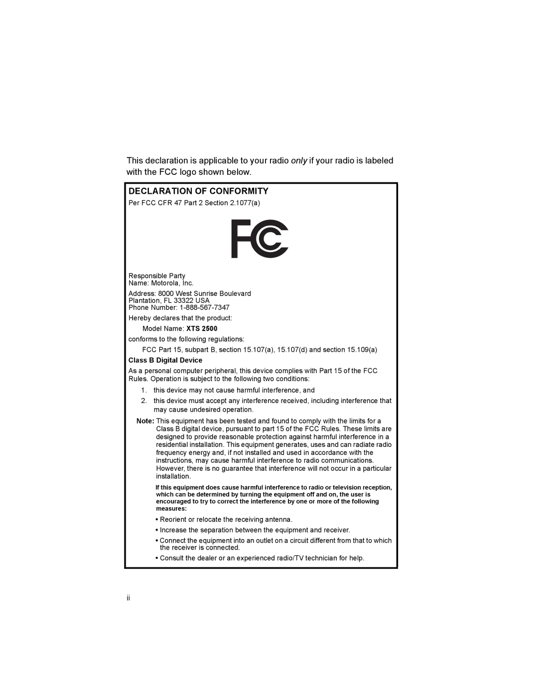 Motorola XTS2500 manual Declaration of Conformity, Class B Digital Device 