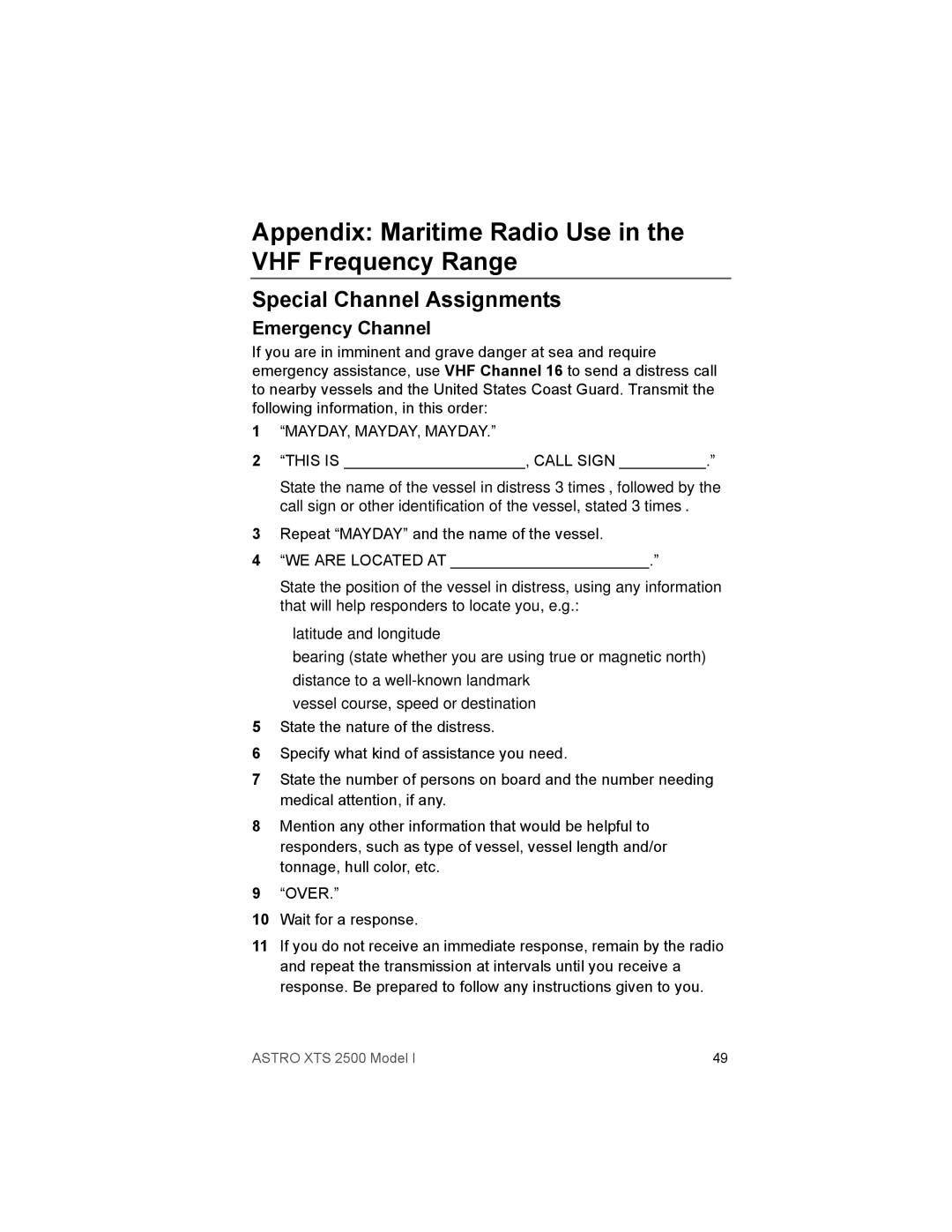 Motorola XTS2500 Appendix Maritime Radio Use in the VHF Frequency Range, Special Channel Assignments, Emergency Channel 