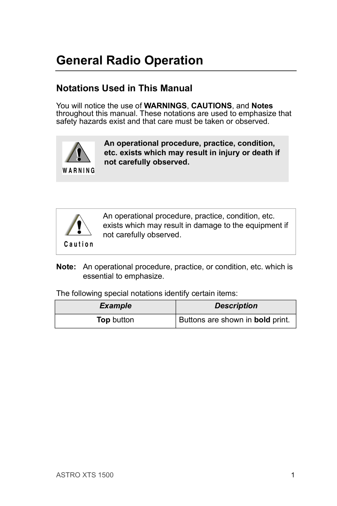 Motorola XTSTM 1500 manual General Radio Operation, Notations Used in This Manual 