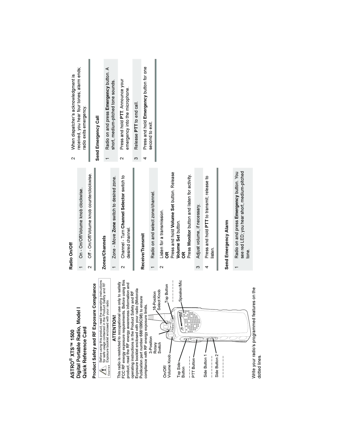 Motorola XTSTM 1500 manual Astro XTS Digital Portable Radio, Model Quick Reference Card 