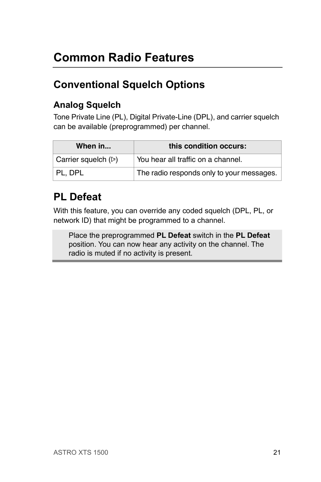 Motorola XTSTM 1500 manual Common Radio Features, Conventional Squelch Options, PL Defeat, Analog Squelch 