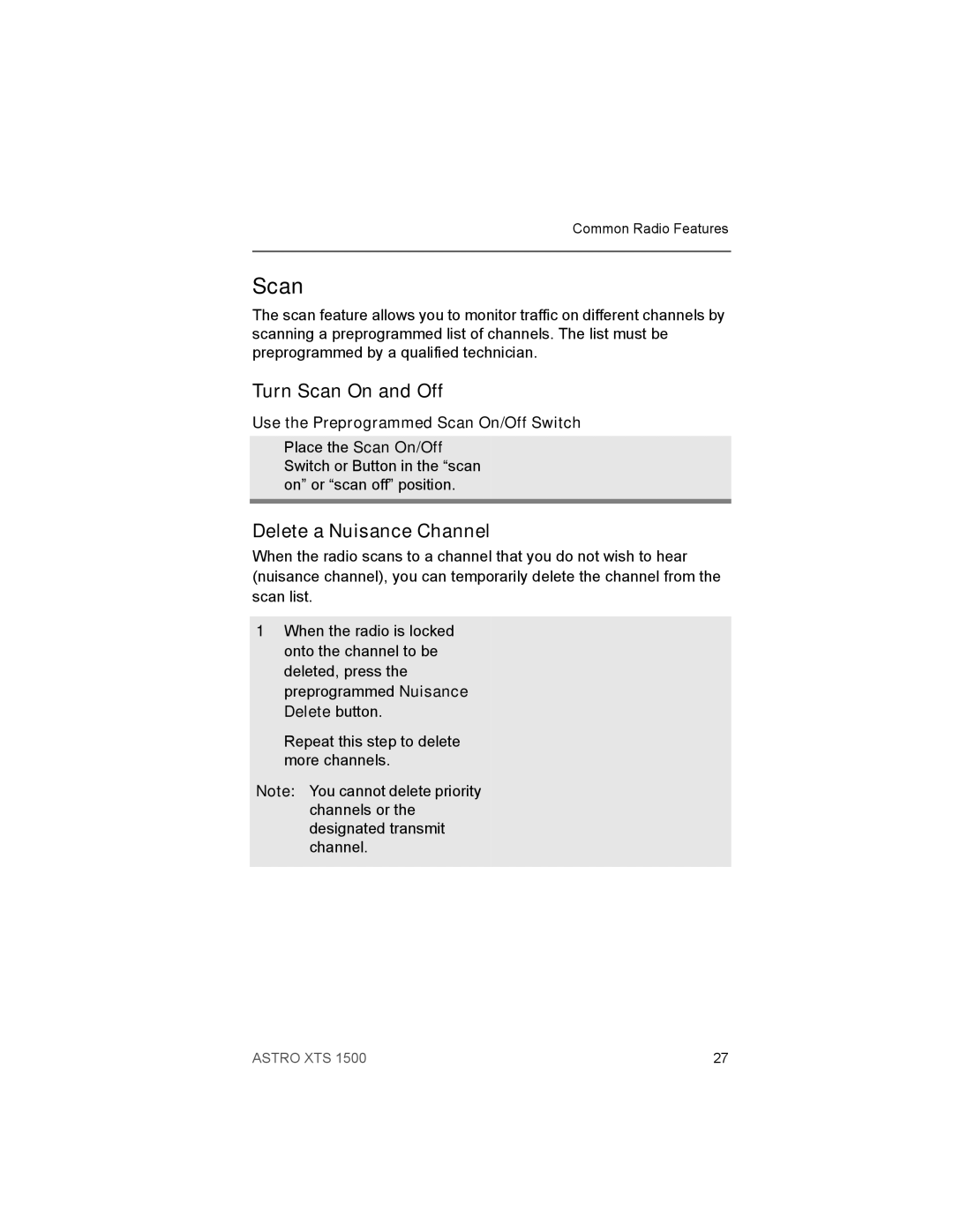 Motorola XTSTM 1500 manual Turn Scan On and Off, Delete a Nuisance Channel 