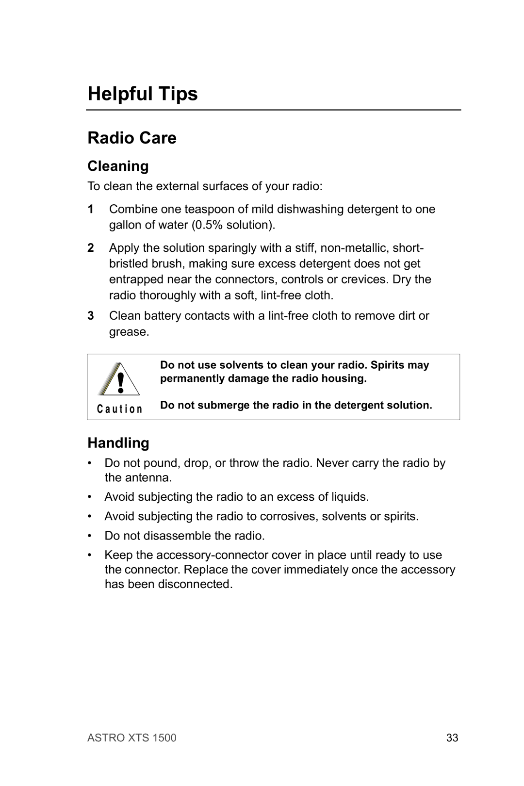 Motorola XTSTM 1500 manual Helpful Tips, Radio Care, Cleaning, Handling 