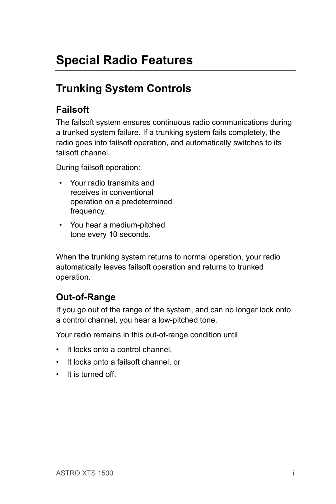 Motorola XTSTM 1500 manual Special Radio Features, Trunking System Controls, Failsoft, Out-of-Range 