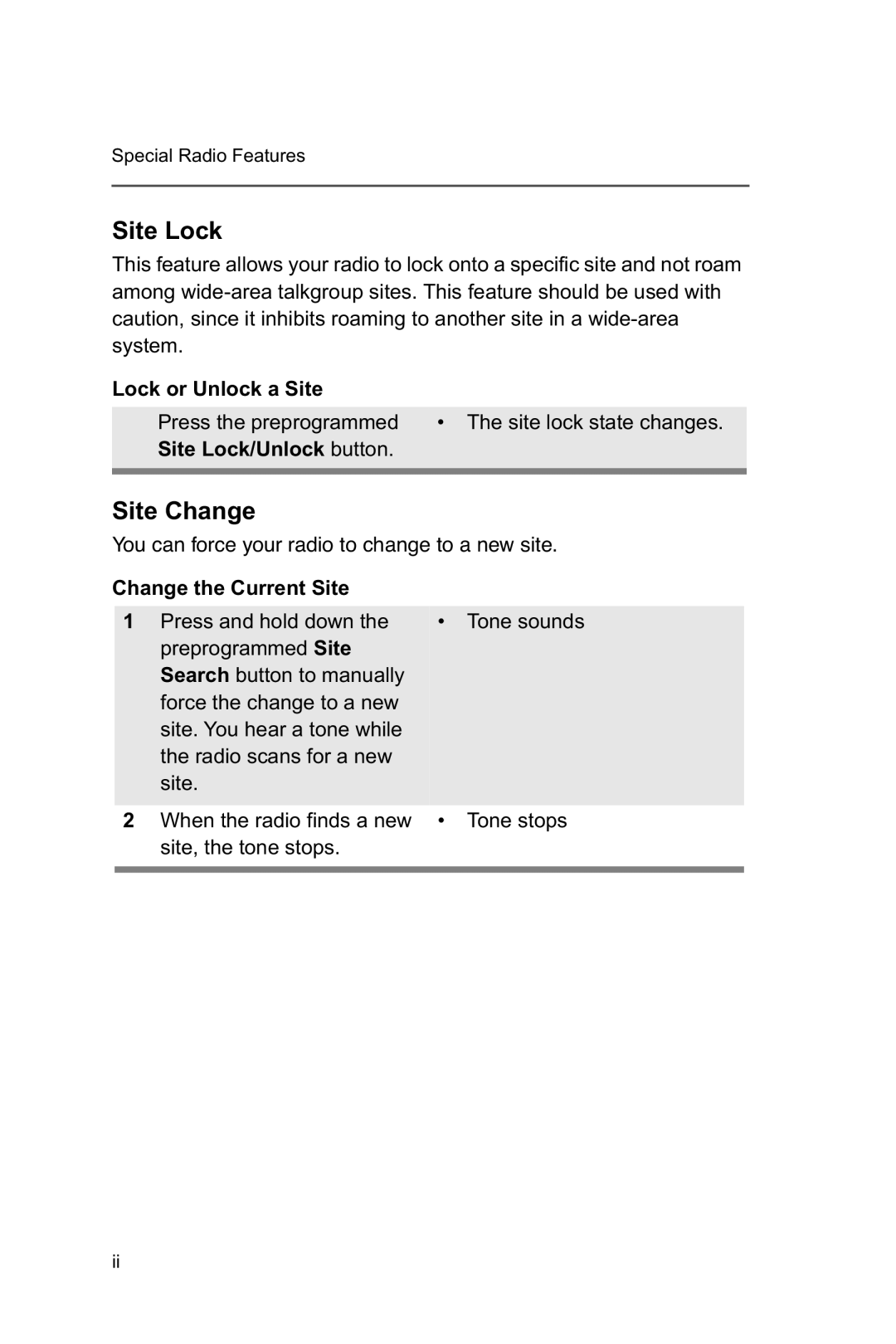 Motorola XTSTM 1500 manual Site Change, Lock or Unlock a Site, Site Lock/Unlock button, Change the Current Site 