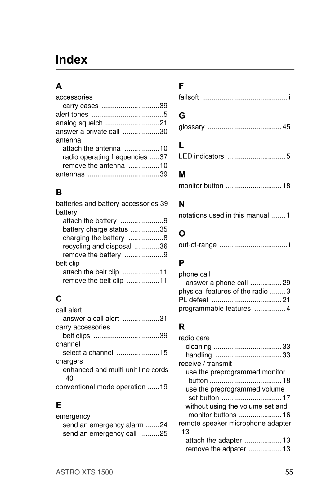 Motorola XTSTM 1500 manual Index 