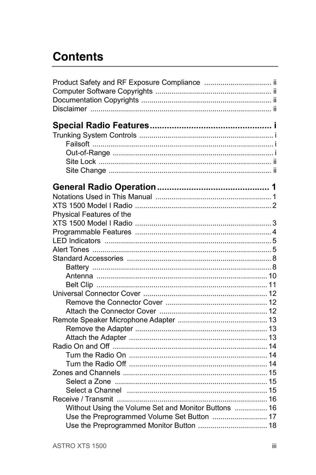 Motorola XTSTM 1500 manual Contents 